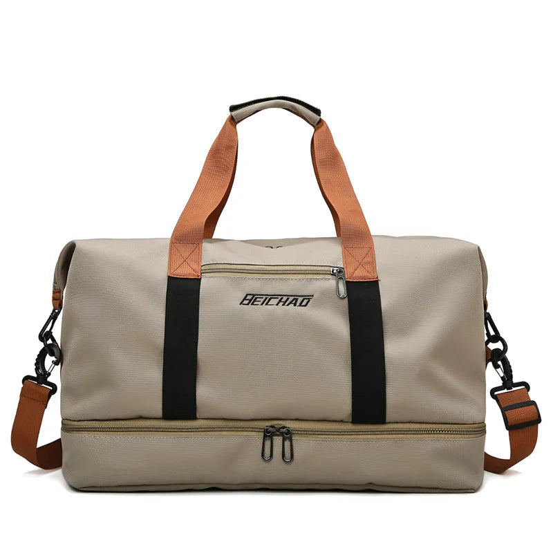 Khaki Color Nylon Travel Gym Duffle Bag – Dry Wet Separation Design